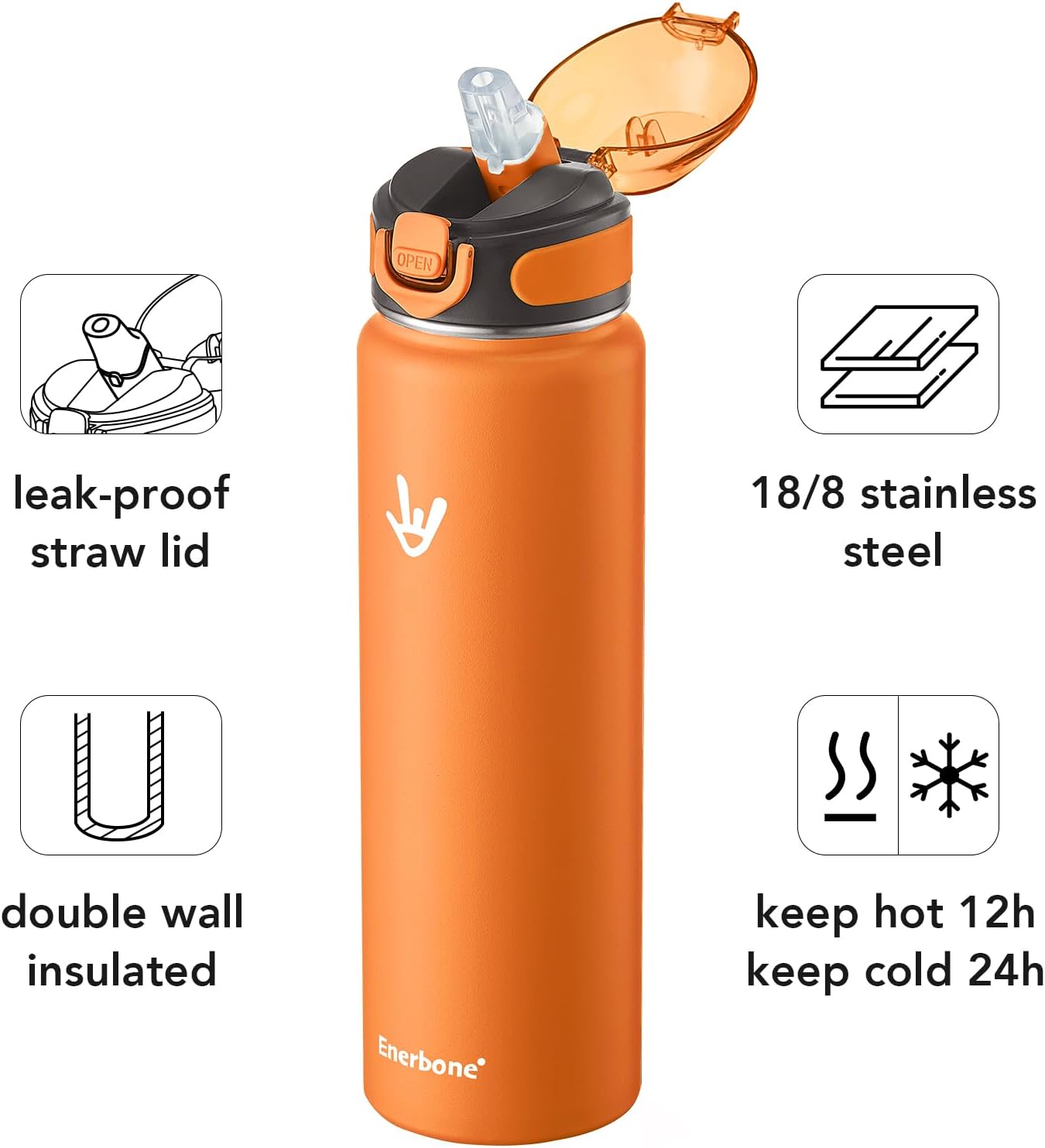 Enerbone 24 oz Insulated Water Bottle, Stainless Steel Bottle with Carrying Strap, Double-Wall Vacuum Insulation Design, Leakproof Sports Bottle with Straw, Keep Drinks Cold or Hot for Hours
