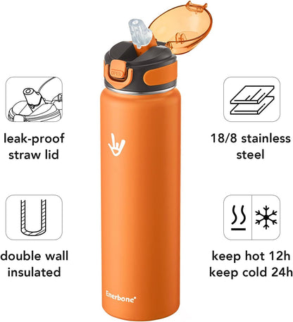 Enerbone 24 oz Insulated Water Bottle, Stainless Steel Bottle with Carrying Strap, Double-Wall Vacuum Insulation Design, Leakproof Sports Bottle with Straw, Keep Drinks Cold or Hot for Hours