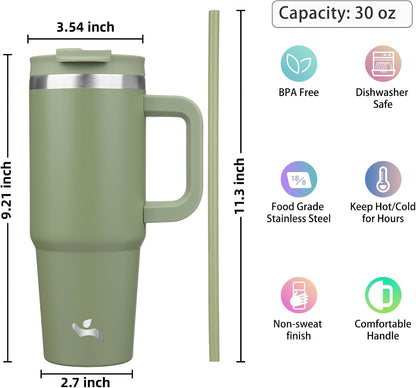 Konokyo 30 oz Tumbler with Handle and 2 Straws,2 in 1 Lid Insulated Water Bottle Stainless Steel Travel Coffee Mug,Sky