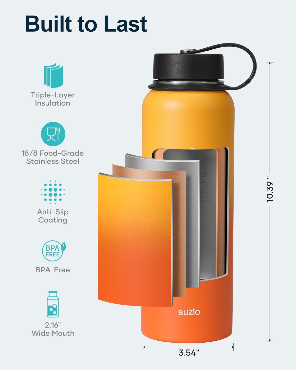 BUZIO 40oz Insulated Water Bottle, Triple Wall Vacuum Stainless Steel Water Flask with 2 lids, Lead-Free BPA-Free Straw Lid Sports Canteen Jug, Cold 48H & Hot 24H- Black - Colors A