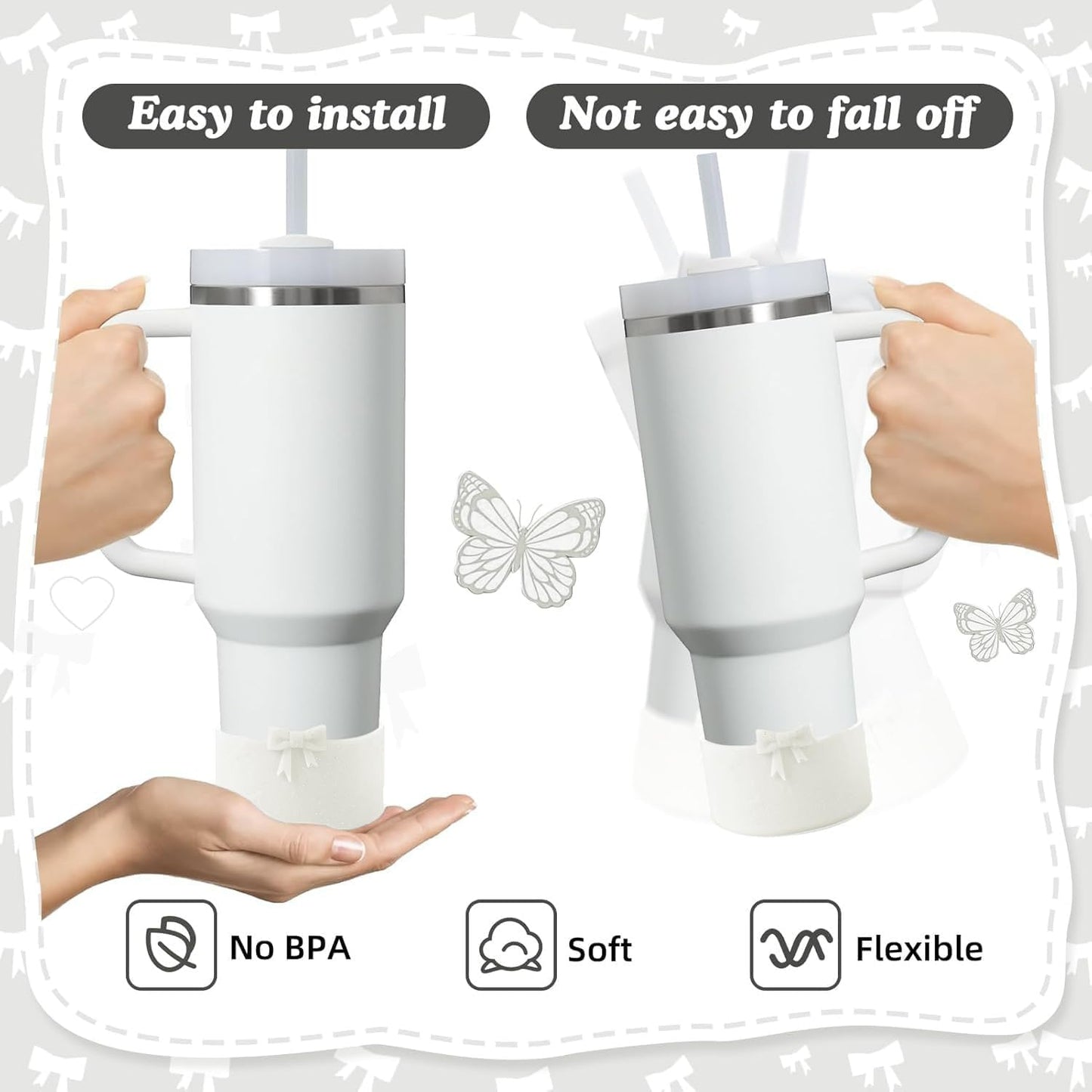 2PCS Bow Silicone Boot for Stanley Quencher Tumbler 30oz 40oz & IceFlow 20oz 30oz& Hydro Flask Water Bottle 12-24 oz Protective Bottom Sleeve Cover for Stanley Cup Accessories& Owala 24oz