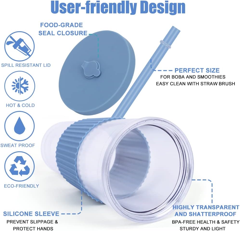 2 Pack Reusable Boba Tea Cups, 24oz Iced Coffee Cup with Straw and Lid, Leakproof Clear Plastic Cups Tumbler, Double Wall Insulated Smoothie Tumbler, Wide Straw for Bubble Tea, Black and White