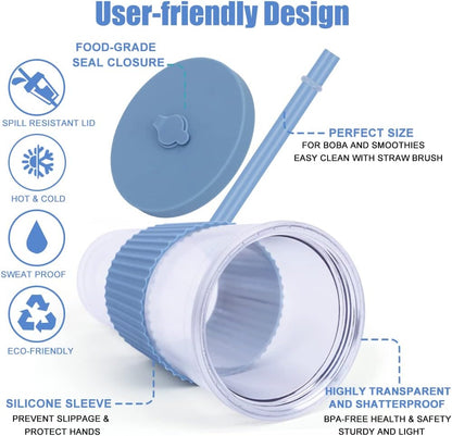2 Pack Reusable Boba Tea Cups, 24oz Iced Coffee Cup with Straw and Lid, Leakproof Clear Plastic Cups Tumbler, Double Wall Insulated Smoothie Tumbler, Wide Straw for Bubble Tea, Black and White