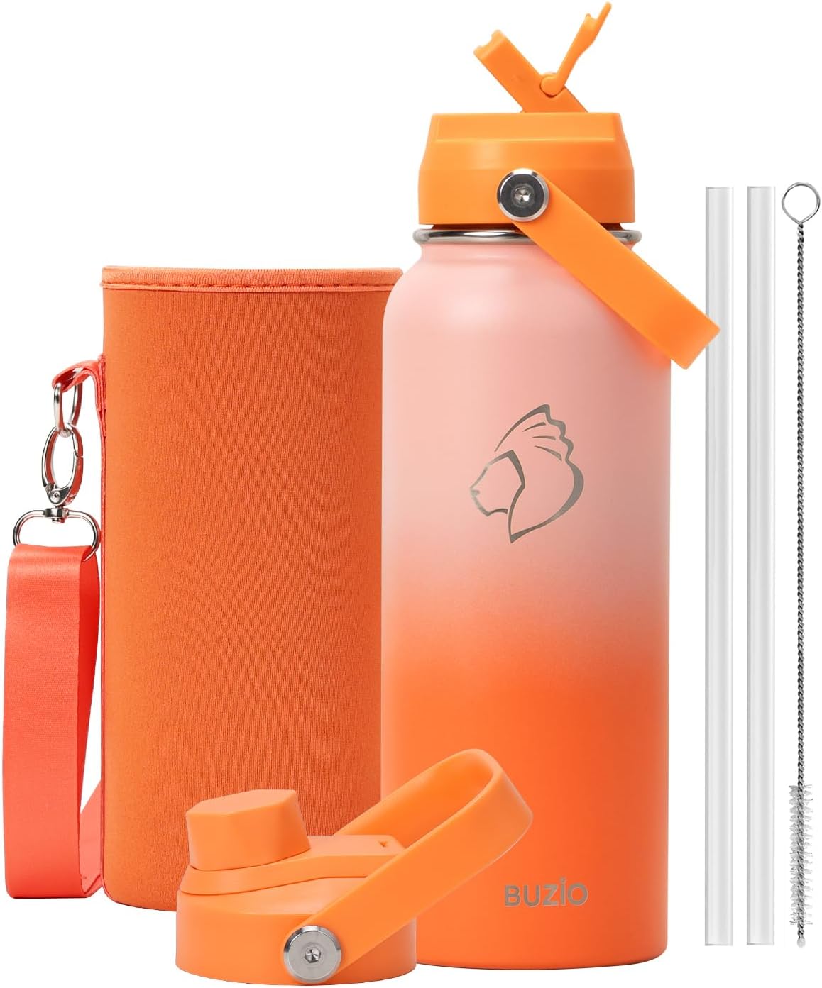 BUZIO 40oz Insulated Water Bottle, Triple Wall Vacuum Stainless Steel Water Flask with 2 lids, Lead-Free BPA-Free Straw Lid Sports Canteen Jug, Cold 48H & Hot 24H- Black - Colors B