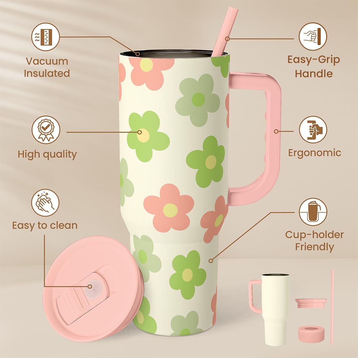 SANDJEST Pickleball 40oz Tumbler With Handle and Straw, Pickleball Queen Insulated Stainless Steel Travel Coffee Mug for Women Girls Players, Gift Idea for Birthday Christmas Mothers Day