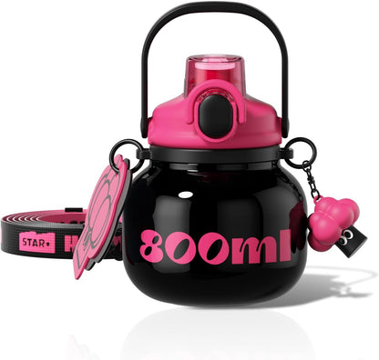 60 oz Big Gallon Water Bottle with Straw and Carry Handle, Black Wide Mouth Vacuum Water Jug, Insulated Stainless Steel Bottles; Heavy-Duty Aesthetic Yoga Flask for Women, Sweet & Cool Black