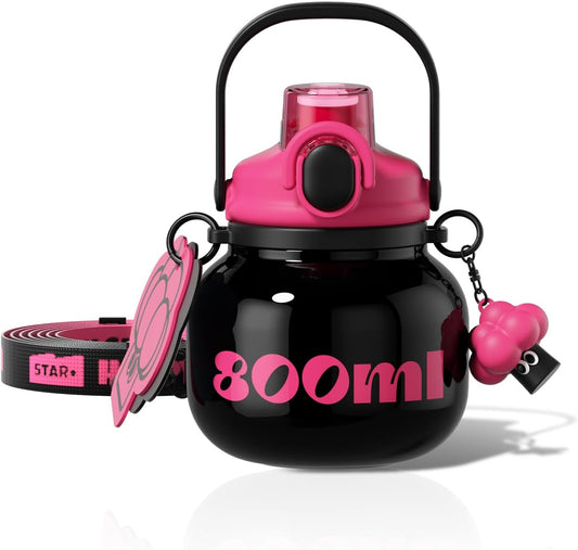 60 oz Big Gallon Water Bottle with Straw and Carry Handle, Black Wide Mouth Vacuum Water Jug, Insulated Stainless Steel Bottles; Heavy-Duty Aesthetic Yoga Flask for Women, Sweet & Cool Black