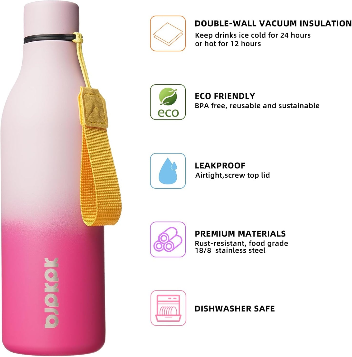 BJPKPK Insulated Water Bottles, 18 oz Stainless Steel Metal Water Bottle with Strap, BPA Free Leak Proof Jugs, Mugs, Flasks, Reusable Thermal Flasks for Sports & Travel, Black - Colors B