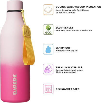 BJPKPK Insulated Water Bottles, 18 oz Stainless Steel Metal Water Bottle with Strap, BPA Free Leak Proof Jugs, Mugs, Flasks, Reusable Thermal Flasks for Sports & Travel, Black - Colors B