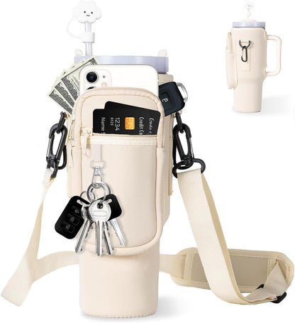 dabria Water Bottle Carrier Bag with Phone Pocket for Stanley 40/30 oz Tumbler Neoprene Water Bottle Holder Pouch with Adjustable Strap Bollus with Straw Cover for Stanley Cup Accessories