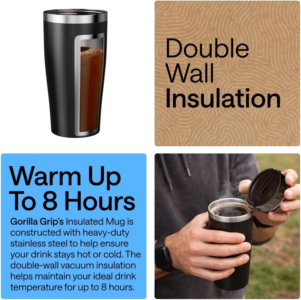 GORILLA GRIP 304 Stainless Steel Double Insulated Travel Coffee Mug, Leakproof Lid with Smooth Sip Top, Prevent Spills, Dent & Rust Resistant Reusable Tumbler Cup, Thermal Mugs for Drinks, 20oz, Black