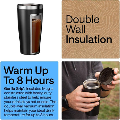 GORILLA GRIP 304 Stainless Steel Double Insulated Travel Coffee Mug, Leakproof Lid with Smooth Sip Top, Prevent Spills, Dent & Rust Resistant Reusable Tumbler Cup, Thermal Mugs for Drinks, 20oz, Black