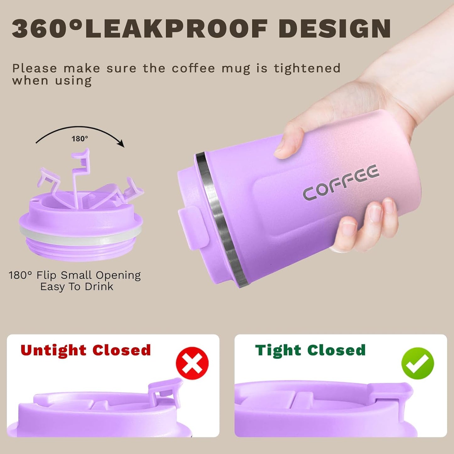 SPLMIFA Travel Coffee Mug Leak-Proof, Reusable Coffee Cups with Lids, Stainless Steel Vacuum Insulated Coffee Tumblers, Thermal Insulation Cup for Men and Women Hot & Cold Drinks(2nd-Green Pink, 12OZ)