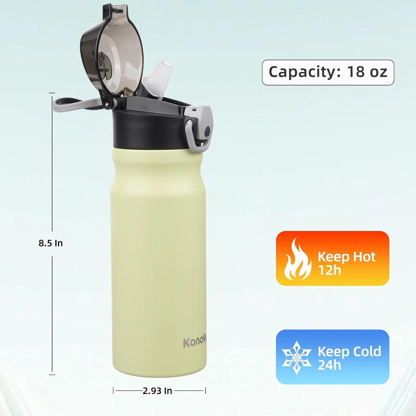 Konokyo 18 oz Insulated Water Bottle with Straw Lid, Stainless Steel Vacuum Sports Water Bottle, Leak-Proof Reusable Metal Flask with Carry Loop, BPA-Free Travel Bottle for Gym, School, Office