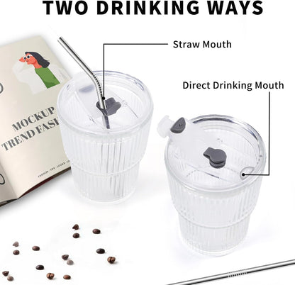 16 OZ Iced Coffee Cups with Lids and Straws Set of 4, Unbreakable Plastic Drinking Glasses Reusable Iced Coffee Glass to Go Cup for Iced Tea,Juice, Water,BPA Free, Dishwasher Safe