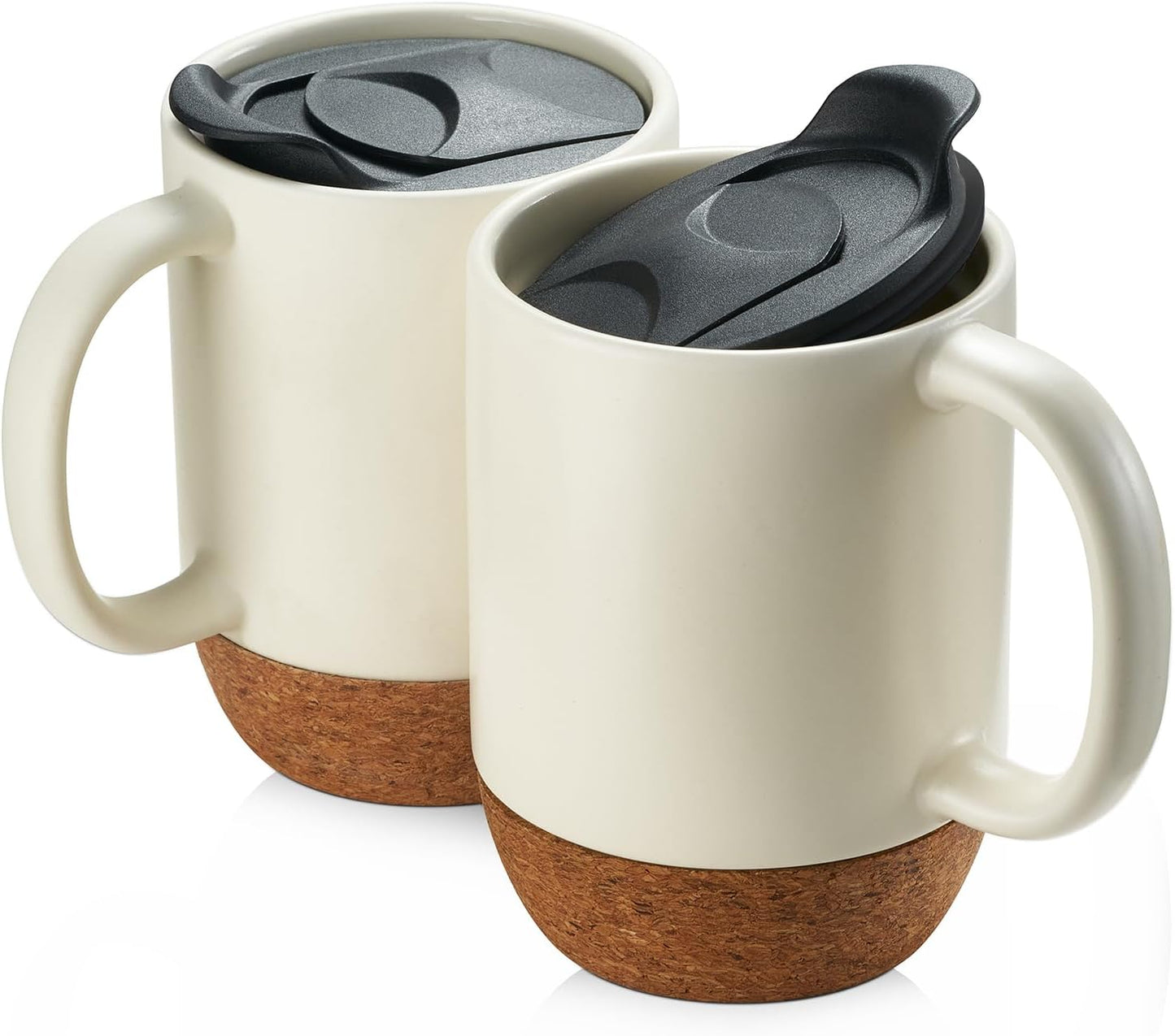 DOWAN Coffee Mugs, 15 oz Mug Set of 2, Large Ceramic Coffee Mug with Cork Bottom and Spill Proof Lid for Mom Dad, Big Mug for Latte Tea, Matte Grey
