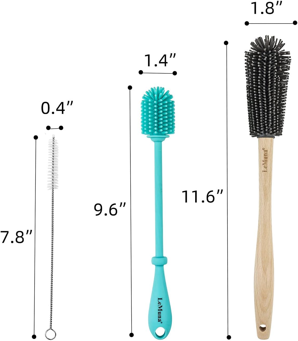 Silicone Bottle Brush Set with Wooden Handle - Silicone Brush & Straw Cleaner for Hydro Flask, Sports Bottle, Glassware