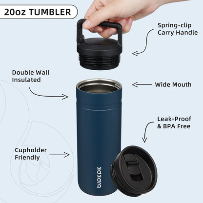 BJPKPK Insulated Water Bottle with 2 Lids,20 oz Double Wall Stainless Steel Vacuum Tumbler Travel Coffee Mug,Wide Mouth Thermal Cup,Haze Blue