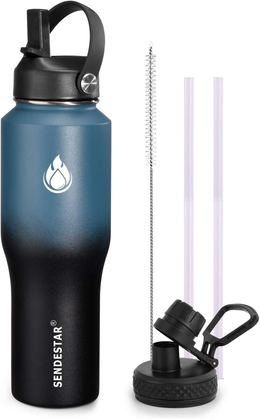 SENDESTAR 40oz Water Bottle Wide Mouth Stainless Steel Vacuum Insulated Double Wall with Straw Lids Fit in Any Car Cup Holder
