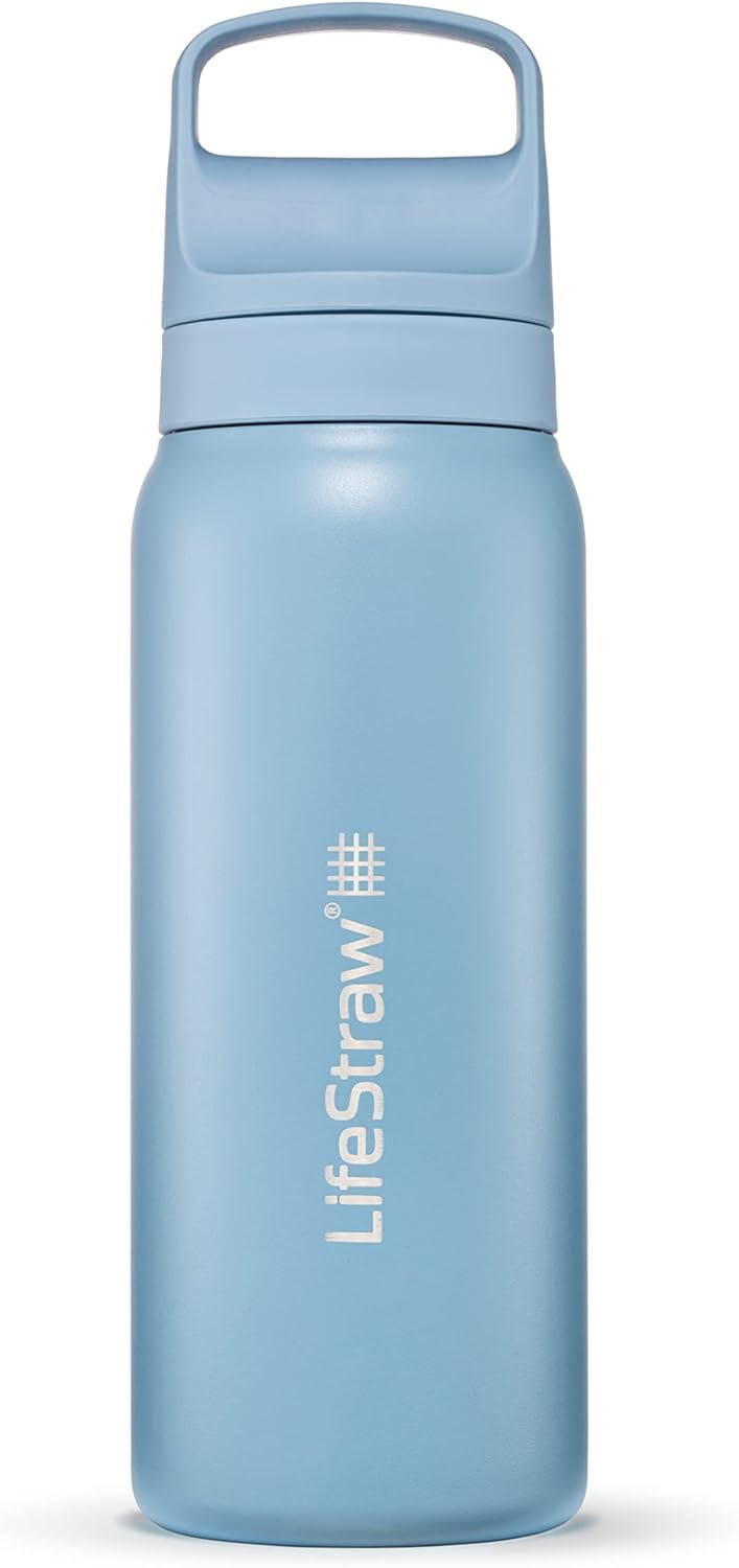 LifeStraw Go Series — Insulated Stainless Steel Water Filter Bottle for Travel and Everyday Use Removes Bacteria, Parasites and Microplastics, Improves Taste, 1L Aegan Sea
