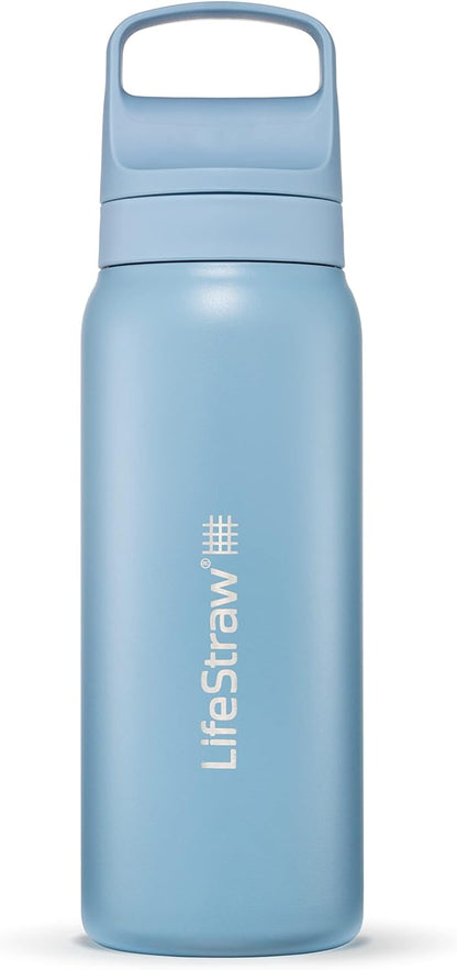 LifeStraw Go Series — Insulated Stainless Steel Water Filter Bottle for Travel and Everyday Use Removes Bacteria, Parasites and Microplastics, Improves Taste, 1L Aegan Sea