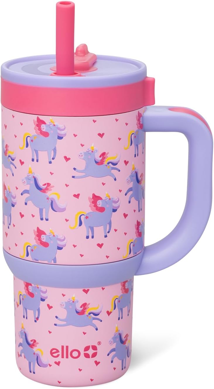 Ello Oasis 18oz Kids Tumbler with Handle & Retracting Straw, 100% Leakproof Reusable Insulated Stainless Steel Cup, Gifts for Teens Girls Boys, Keeps cold for 18 Hours, Cup Holder Friendly, Glacier