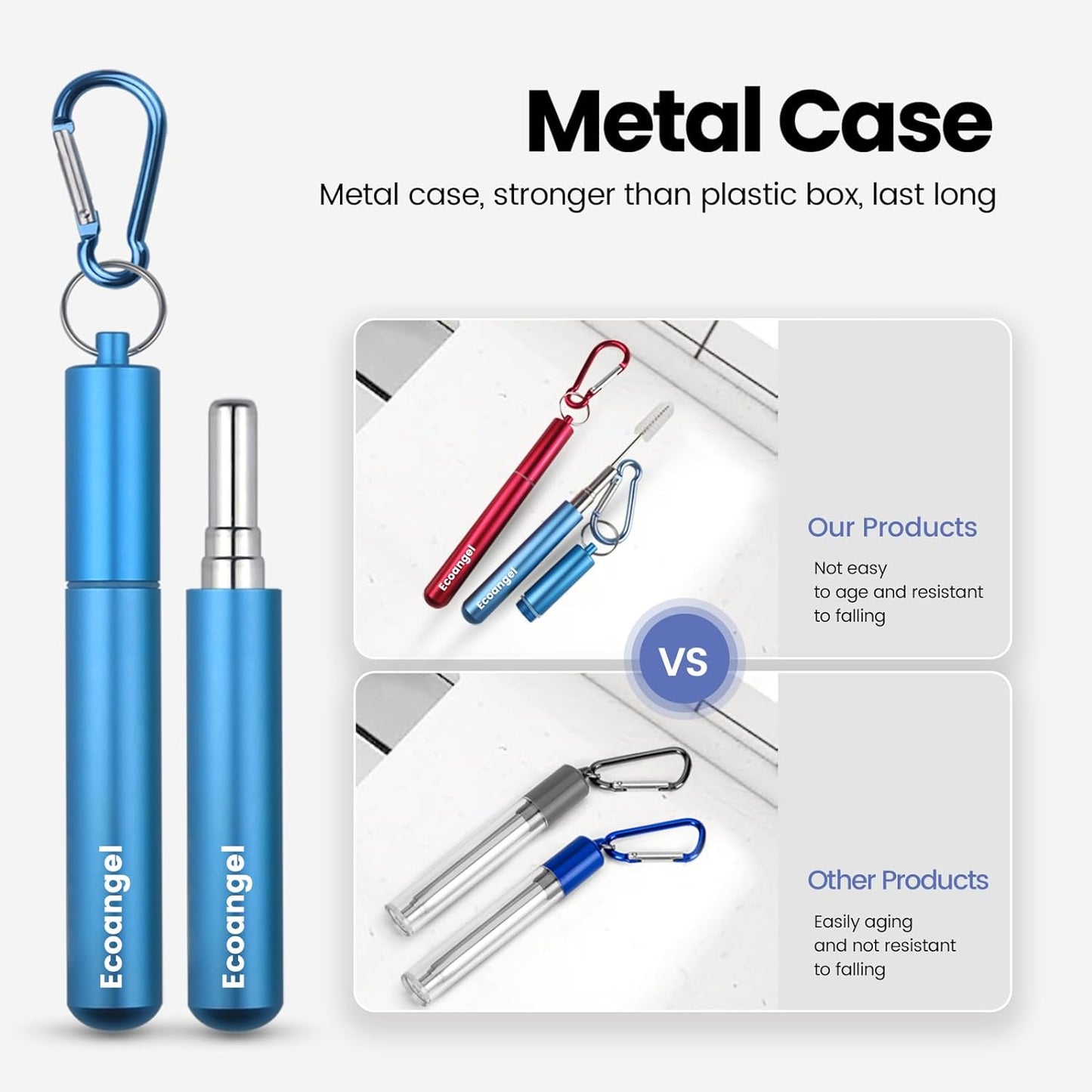 Ecoangel Cruise Ship Essentials,4-Pack reusable Collapsible Stainless Steel Drinking Straws with Aluminum Case,Cleaning Brush,and Keychains-Silver,Blue,Red,Green