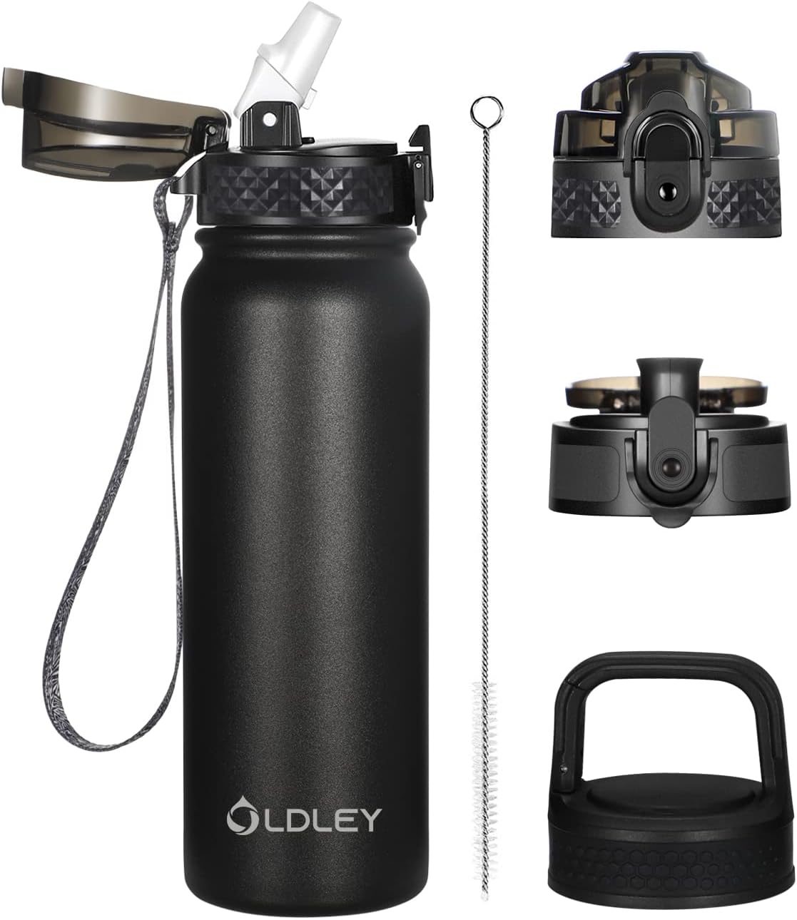 Oldley Insulated Water Bottle 20oz for Adults Kids Stainless Steel Water Bottles with Straw/Chug/Carabiner 3 Lids Fruit Strainer Double Wall Vacuum Wide Mouth BPA Free Leak-Proof for School Travel