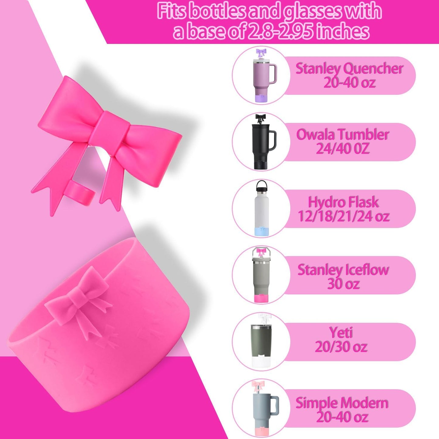 Bow Silicone Protective for Stanley Boot for 20/30/40Oz, 2 Pack for Stanley Cup Accessories Compatible 12-24Oz for Hydroflask Boot and More (Pink Set)