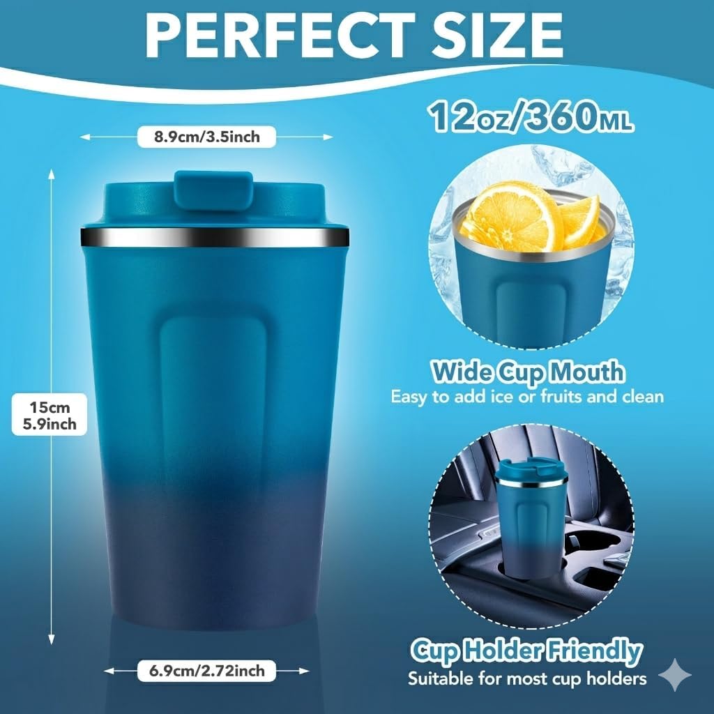 Volhoply 12 oz Double Wall Insulated Vacuum Travel Coffee Mugs with Flip Lid Bulk 2 Pack,Reusable Stainless Steel Leak Proof Coffee Cup,Portable Cafe Thermal Tumbler for Hot & Cold Drinks(Mix,2 Set)