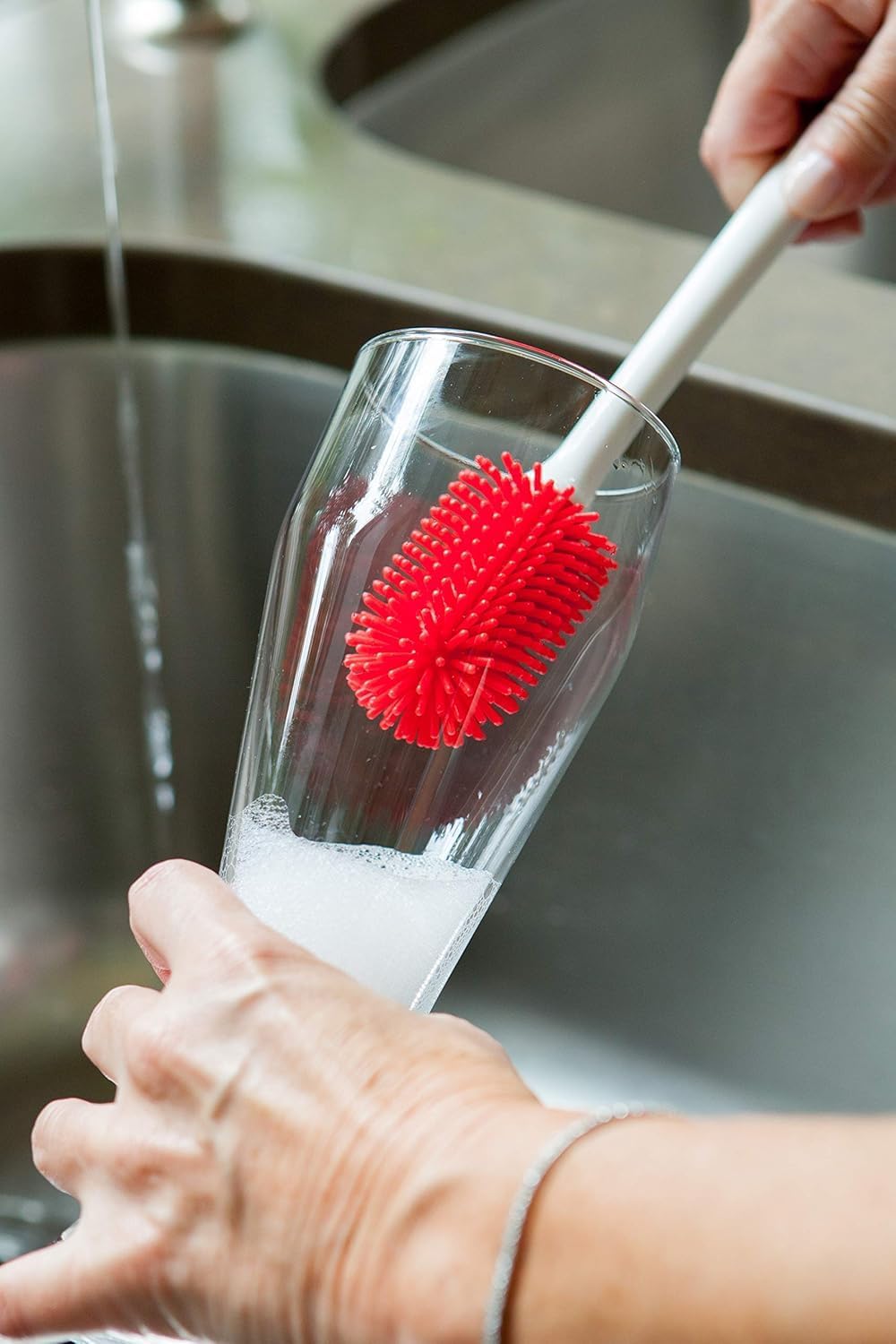Joie Bottle Brush, Silicone Scrubber with Long Handle, Ideal for Cleaning Water Bottles, Baby Bottles and Glasses, Gentle Non-Scratch Bristles, Handy Kitchen Gadget, Colors May Vary