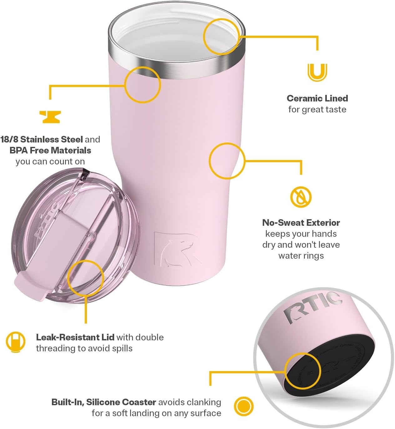 RTIC 20oz Essential Tumbler with Lid, Ceramic Lined, Insulated, Stainless Steel, Metal, Double Wall Vacuum-Insulation, Travel Cup for Iced Coffee, Tea, Hot and Cold Drink, Graphite