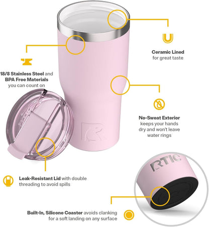 RTIC 20oz Essential Tumbler with Lid, Ceramic Lined, Insulated, Stainless Steel, Metal, Double Wall Vacuum-Insulation, Travel Cup for Iced Coffee, Tea, Hot and Cold Drink, Graphite
