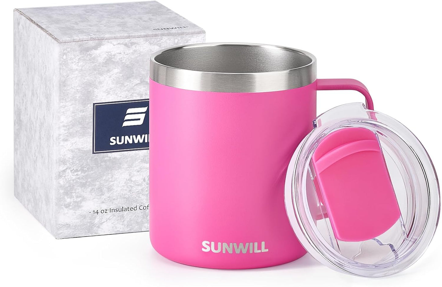 SUNWILL Travel Coffee Mug with Lid, Insulated Tumbler with Handle, 14 oz Stainless Steel Cup for Ice, Water, Tea, Rose Gold