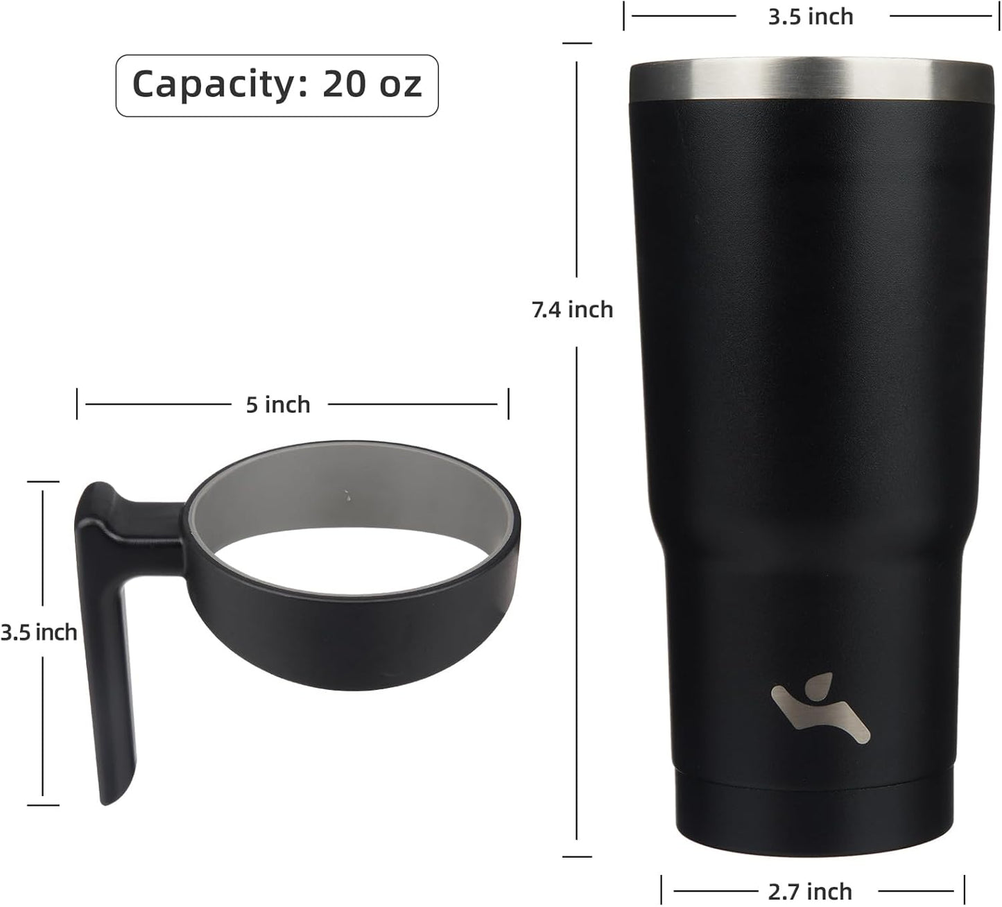 Konokyo 20 oz Tumbler with Handle and 2 Straw 2 Lid, Insulated Water Bottle Stainless Steel Vacuum Cup Reusable Travel Mug,Black