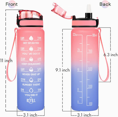 Enerbone Water Bottle, Leakproof BPA & Toxic Free, Motivational Water Bottle with Times to Drink and Straw, Fitness Sports Water Bottle with Strap for Office, Gym, Outdoor Sports