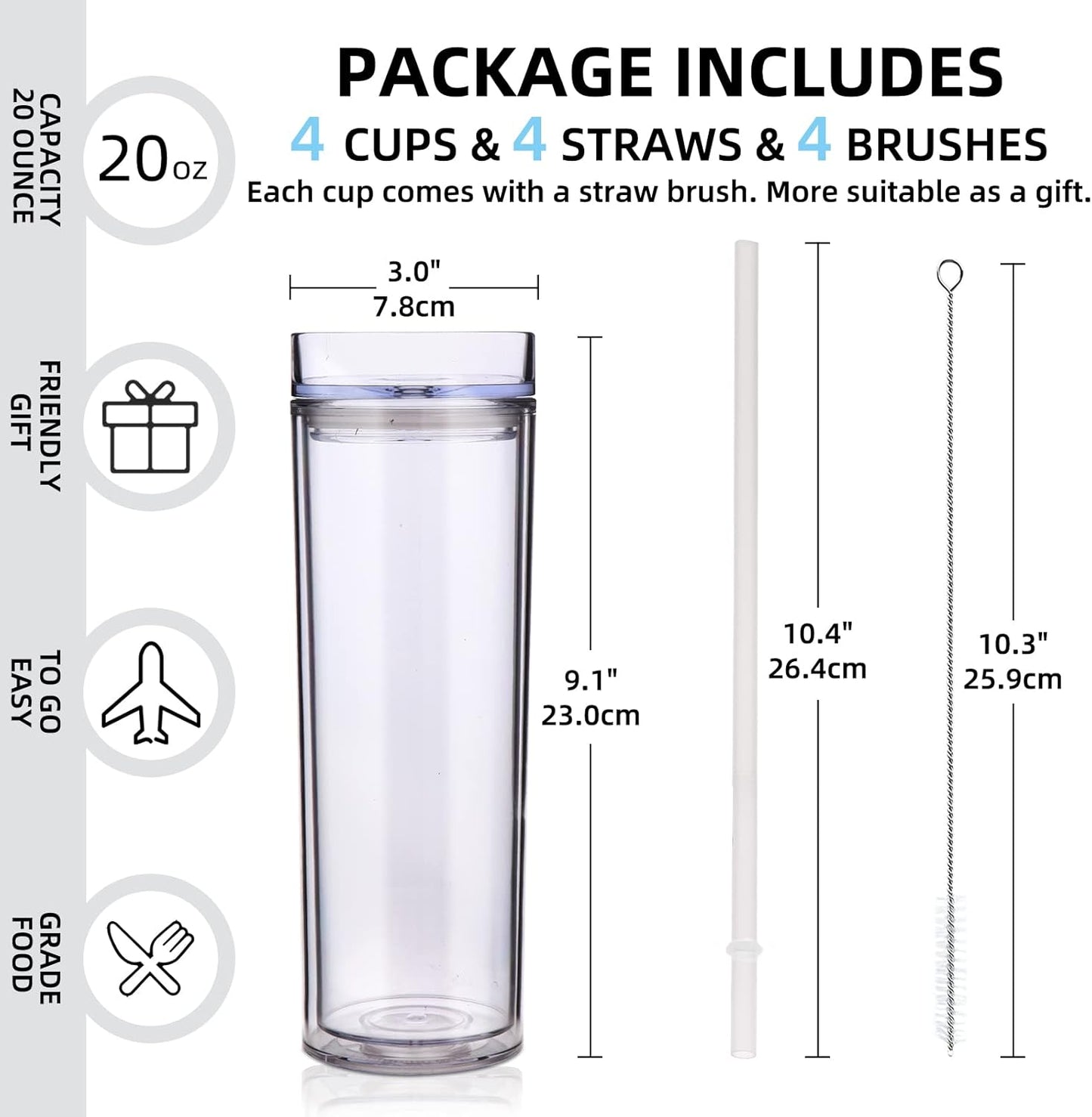 Volhoply 20oz Plastic Skinny Tumbler,Double Wall Tumblers with Lid and Straw,Reusable Travel Iced Coffee Mug,BPA Free Matte Acrylic Water Cups With Straw for Parties,DIY Gifts(Clear,1 Set)