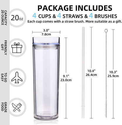 Volhoply 20oz Plastic Skinny Tumbler,Double Wall Tumblers with Lid and Straw,Reusable Travel Iced Coffee Mug,BPA Free Matte Acrylic Water Cups With Straw for Parties,DIY Gifts(Clear,1 Set)