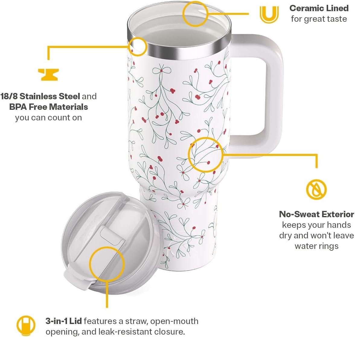RTIC 30 oz Road Trip Tumbler Double-Walled Ceramic Lined InsulatedStainless Steel Portable Travel Coffee Mug Cup with Lid, Handle and Straw, Periwinkle Bouquet