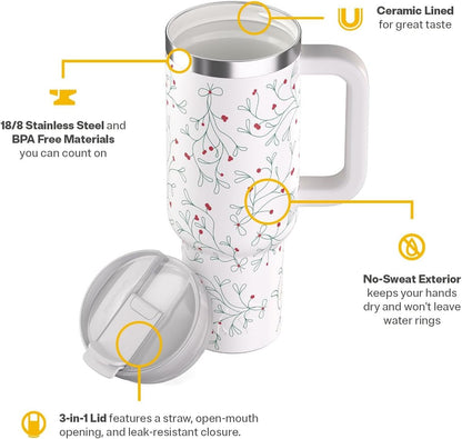 RTIC 30 oz Road Trip Tumbler Double-Walled Ceramic Lined InsulatedStainless Steel Portable Travel Coffee Mug Cup with Lid, Handle and Straw, Periwinkle Bouquet