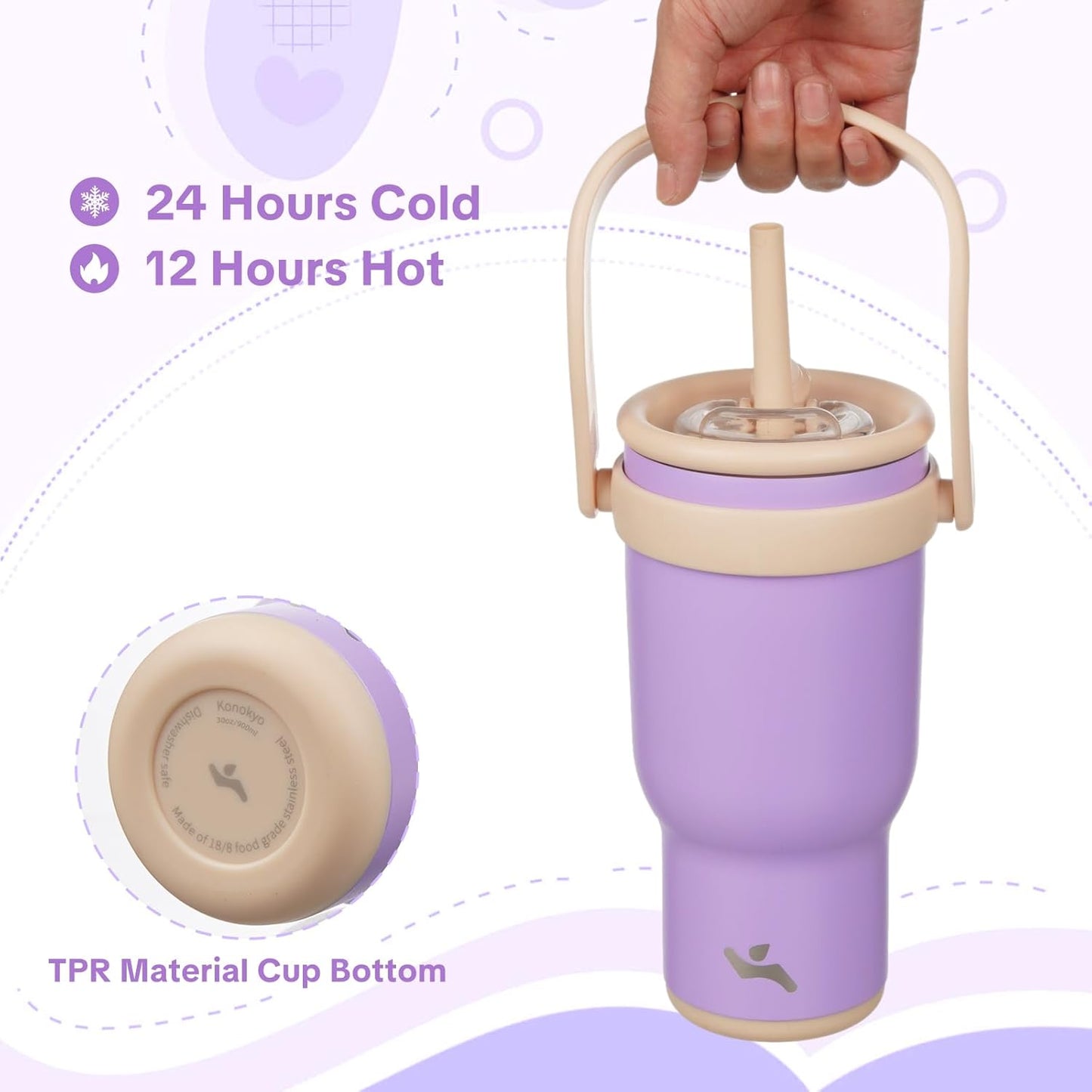 Konokyo 30 oz Tumbler with Side Handle, Insulated Water Bottle with Straw and 2 in 1 Lid, Stainless Steel Cup Travel Coffee Mug for Sports Office Gym,Purple