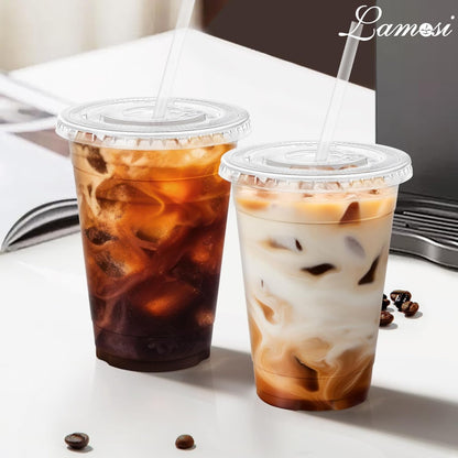 Lamosi 100 Pack 16 oz Clear Plastic Cups with Lids and Straws, Disposable Plastic Coffee Cups with Lids for Iced Coffee, Cold Beverages, Smoothies and To-Go Drinks