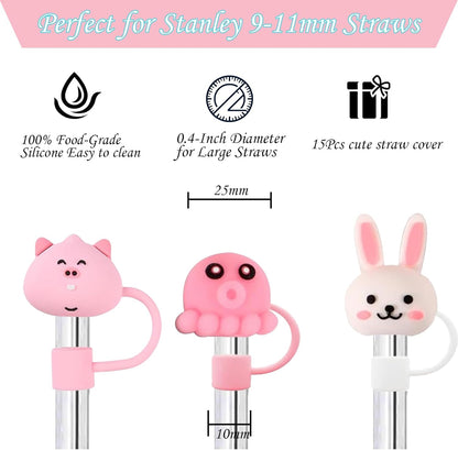 15Pcs Straw Toppers for Stanley Cup, Silicone 10mm Straw Cover Cap for Stanley 30 40oz Tumblers, Reusable Lid Accessories