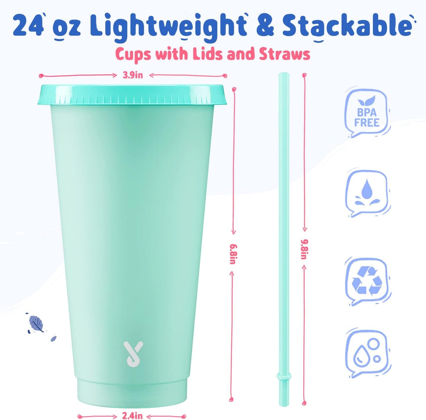 Meoky Plastic Cute Cold Cups with Lids and Straws Bulk for Iced Coffee - 6 Pack 24 oz Color Changing Reusable for Adults Kid Women Party