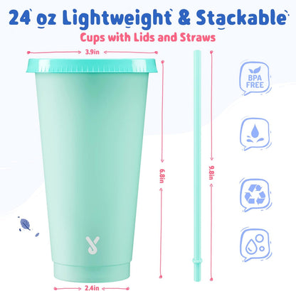 Meoky Plastic Cute Cold Cups with Lids and Straws Bulk for Iced Coffee - 6 Pack 24 oz Color Changing Reusable for Adults Kid Women Party