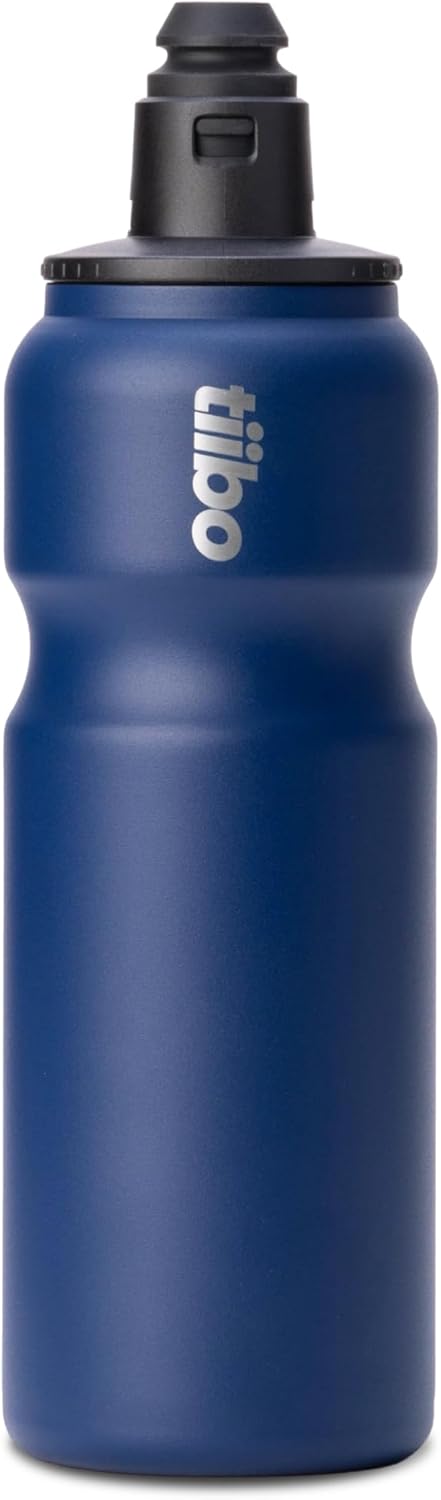 tiibo Vacuum Insulated Stainless Steel Bike Water Bottle, Double Wall, No-Squeeze, Fast Flow Sport Nozzle, Designed for Cycling, Biking, Fitness & Sports, Fits Most Bike Cages (Brushed, 23OZ)