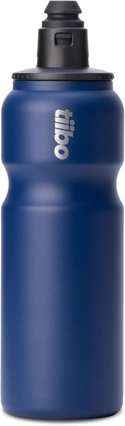 tiibo Vacuum Insulated Stainless Steel Bike Water Bottle, Double Wall, No-Squeeze, Fast Flow Sport Nozzle, Designed for Cycling, Biking, Fitness & Sports, Fits Most Bike Cages (Brushed, 23OZ)