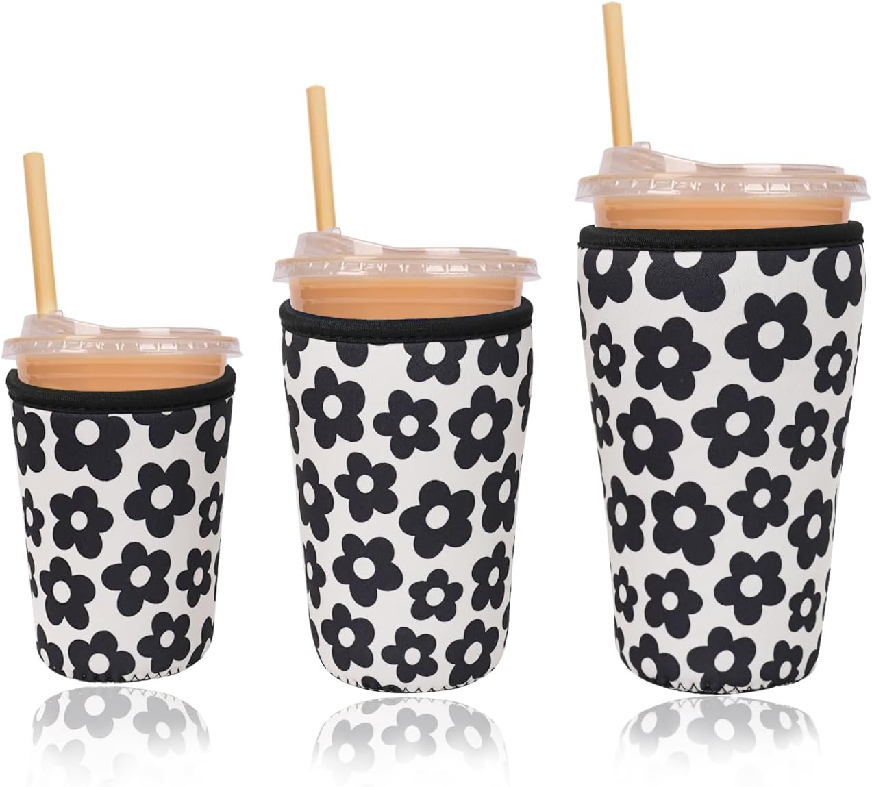 Reusable Insulated Neoprene Iced Coffee Cup Sleeve, Durable Drink Sleeve for Cold Beverages, Beverage Holder for Iced Coffee, Floral Checkers