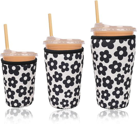 Reusable Insulated Neoprene Iced Coffee Cup Sleeve, Durable Drink Sleeve for Cold Beverages, Beverage Holder for Iced Coffee, Floral Checkers