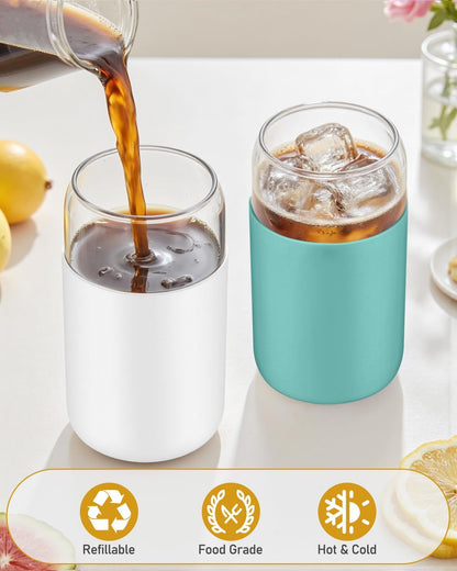 sungwoo 4PCS Glass Cups with Bamboo Lids and Straws, 16OZ Ice Coffee Cup, Drinking Cup set with Wooden Lids, Home Essential Glass Tumblers for Beer, Cocktail, Tea and Latte Clear